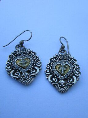 BRIGHTON Sacred Heart Silver Gold Crystal Cross Earrings